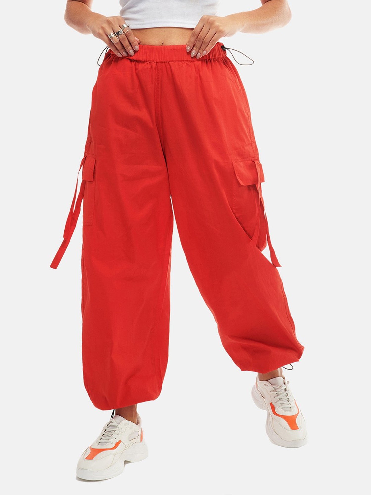 Red Mid Rise Loose Fit Cargo Pants