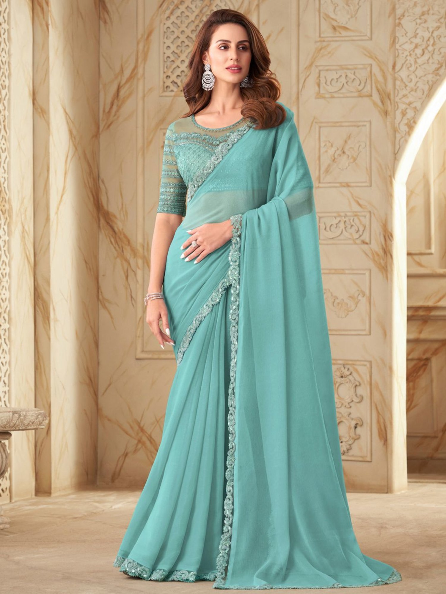 Heavy sky blue color Ready To Wear Saree at affordable rate – Joshindia