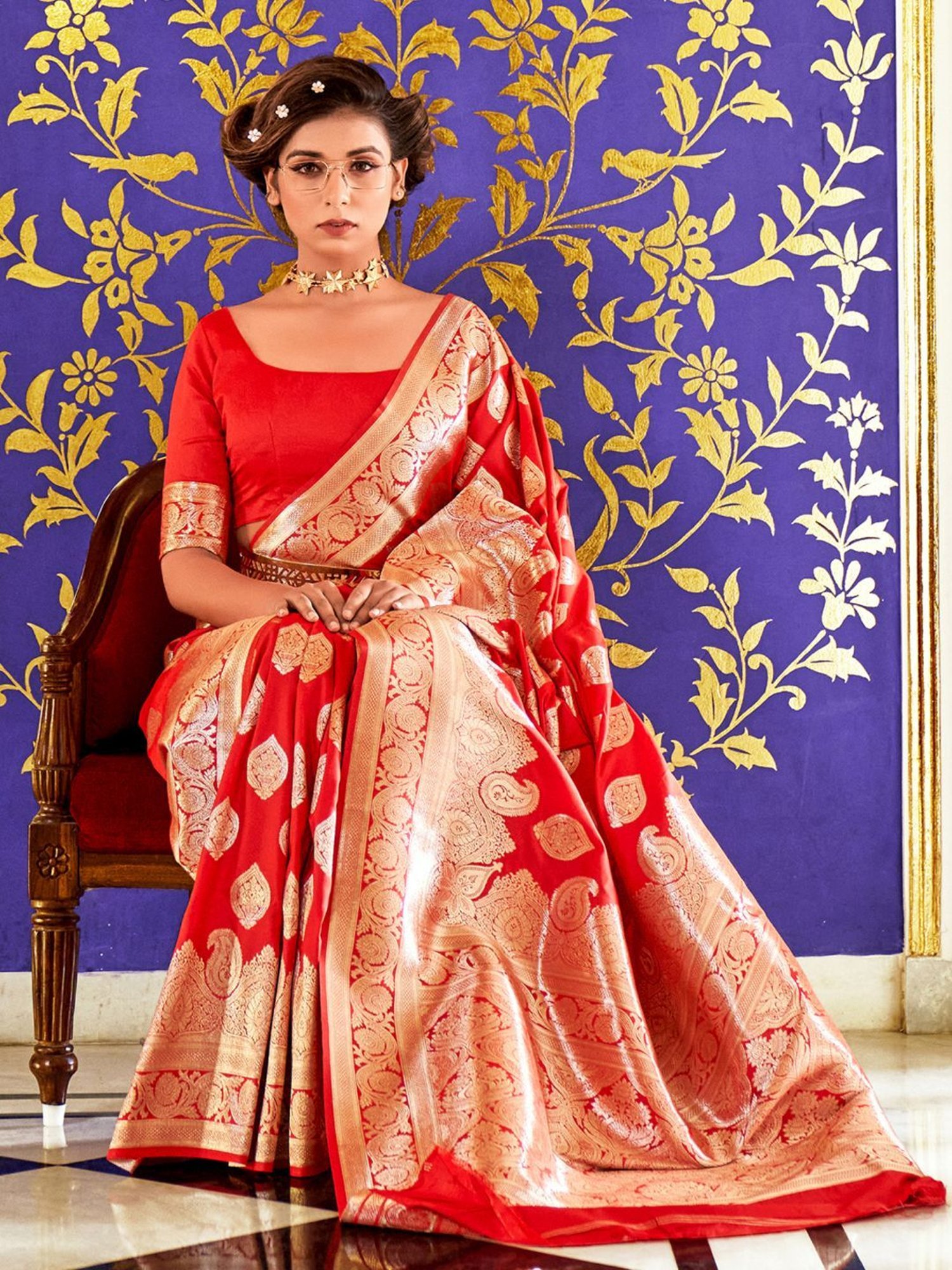 Red Silk Saree with golden broad border - Pramo Clothing