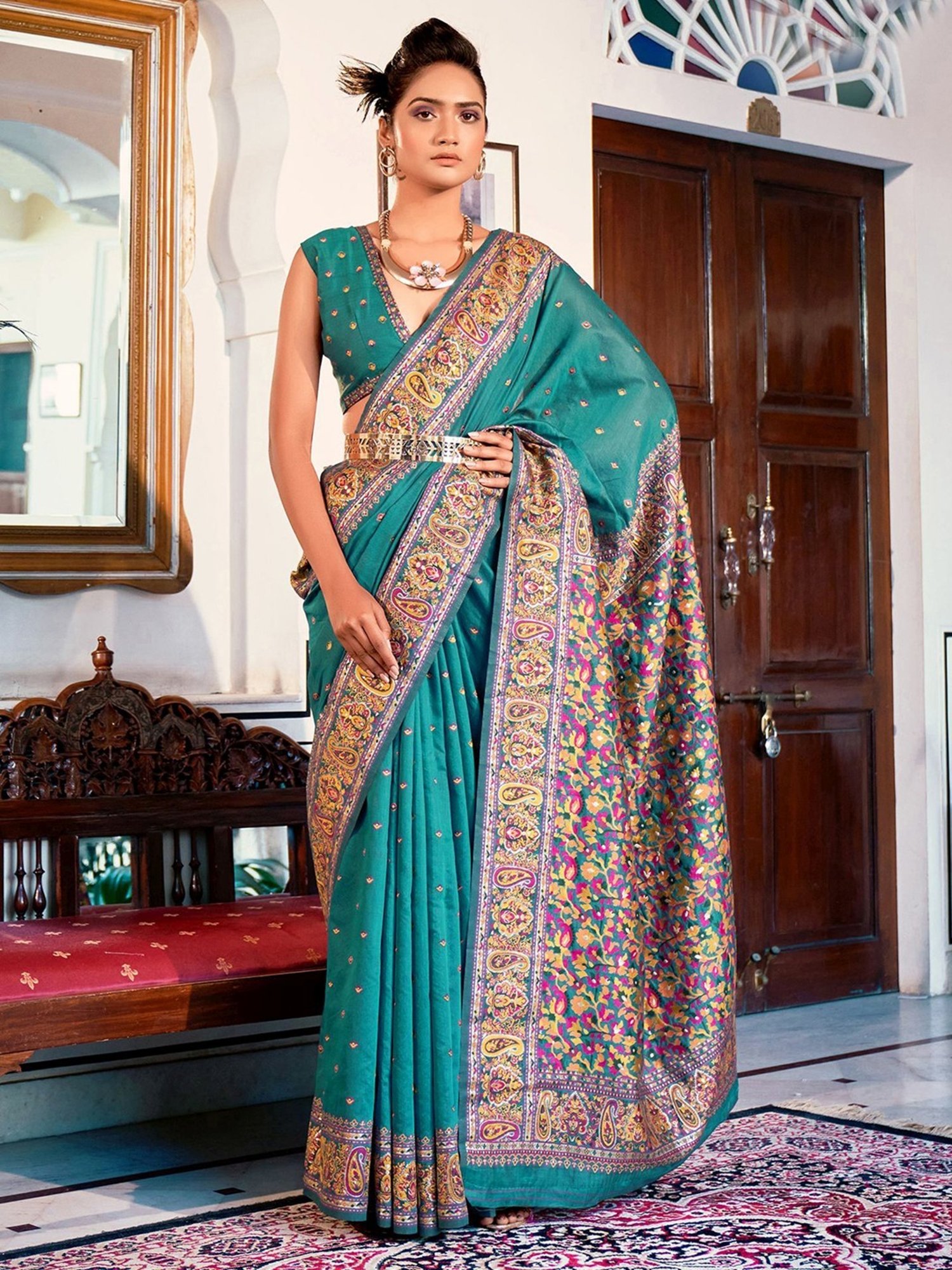 Satrani Pista Green Embroidered Saree With Unstitched Blouse