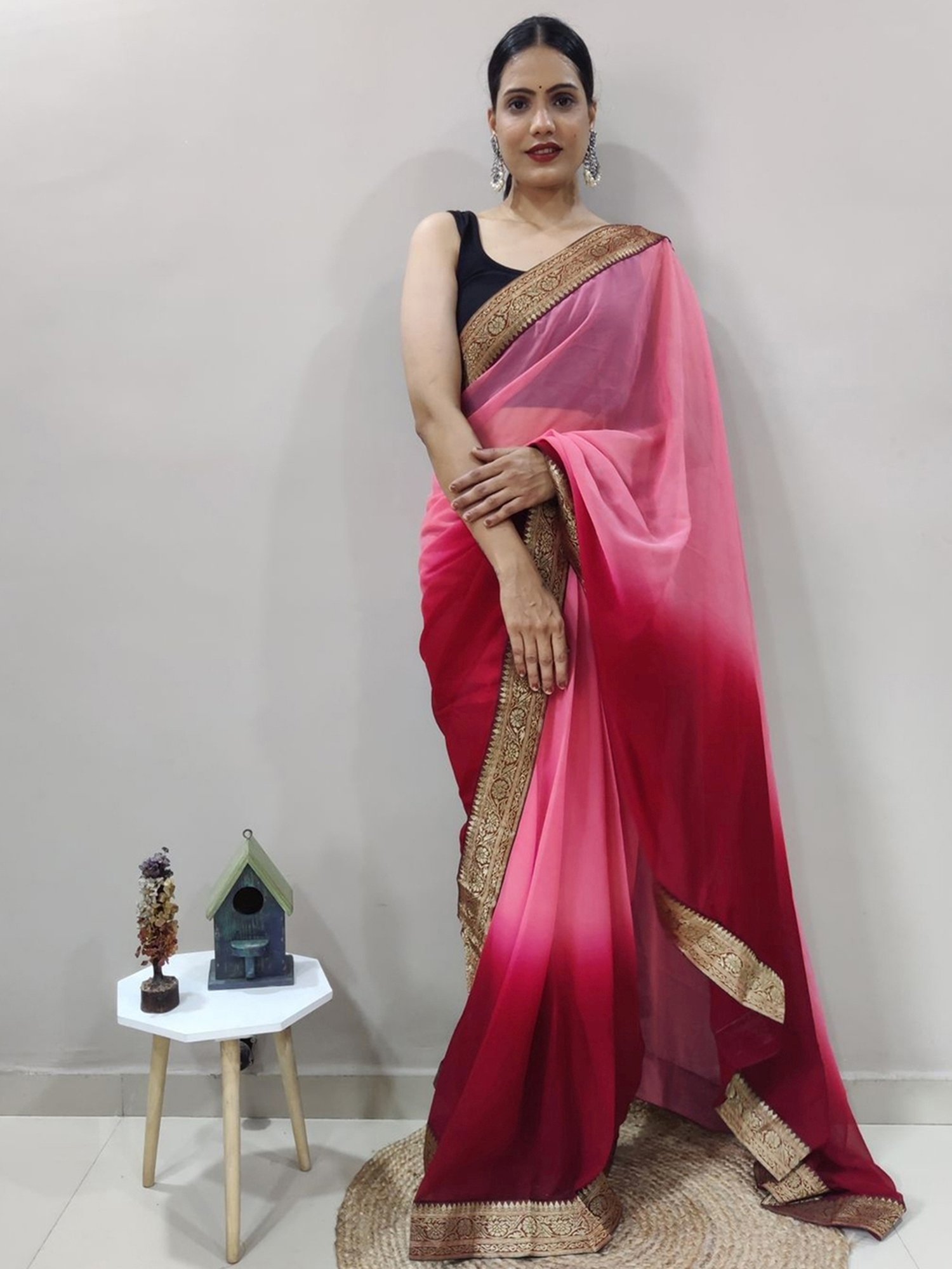 Rani Pink Silk Mirror Work Border Saree Blouse For Women – Lehenga Closet