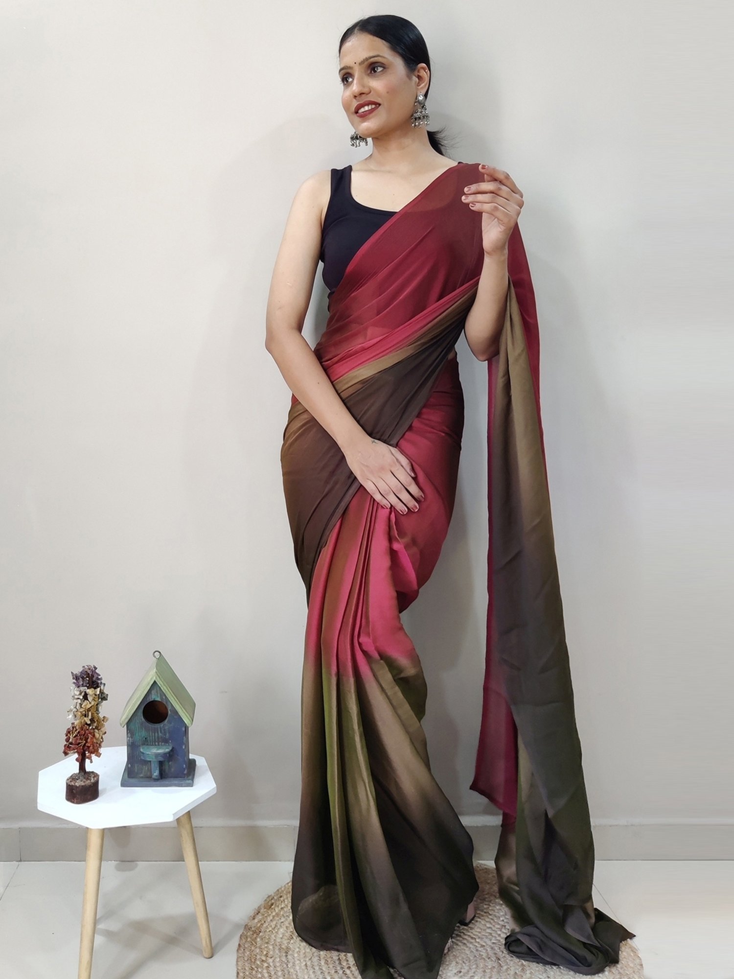 Two-Toned Red Lycra Based Saree - Clothsvilla