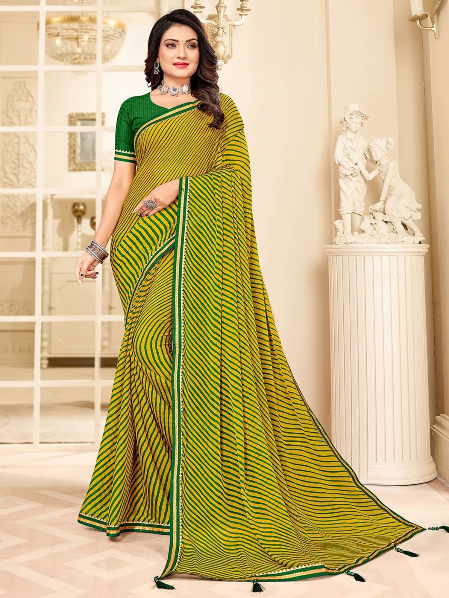 Traditional Yellow with Green border kanjivaram silk saree | Yellow saree  silk, Yellow saree, Silk saree kanchipuram