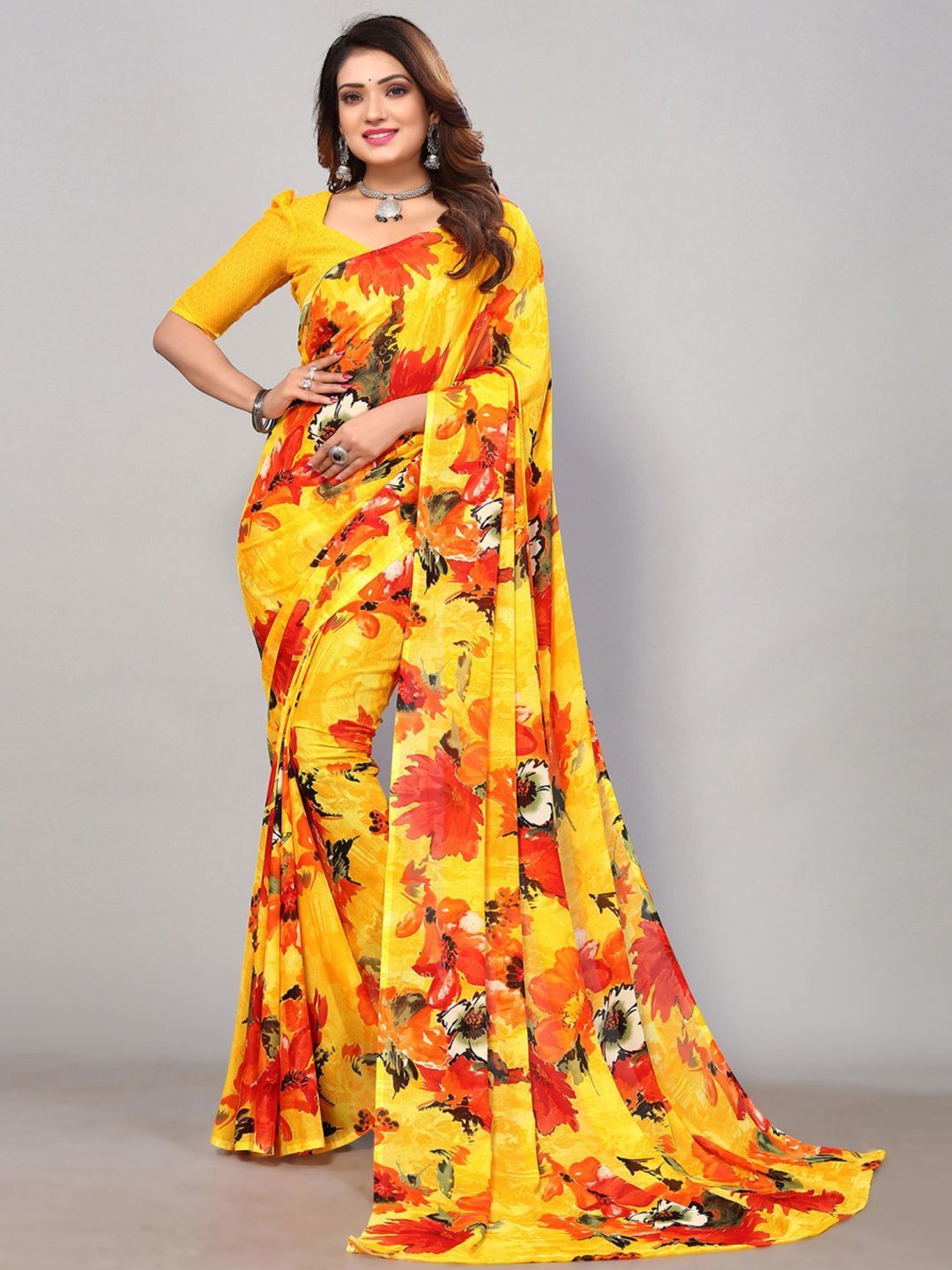 Pastel Yellow Floral Print Organza Saree – Rang Riwaaz