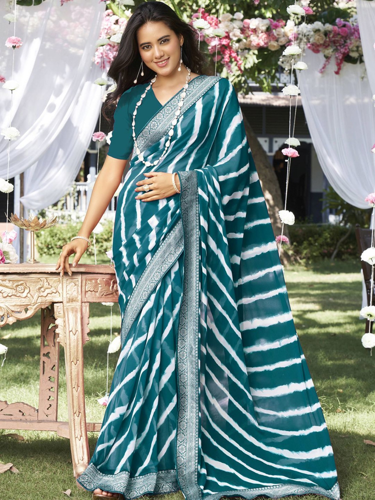 Sky Blue And White Malai Cotton Saree With Katha Print