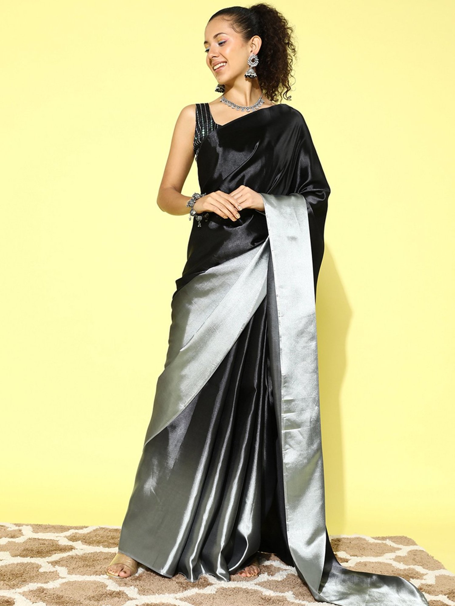 Black Silk Plain Hot Fixing Saree | Leemboodi