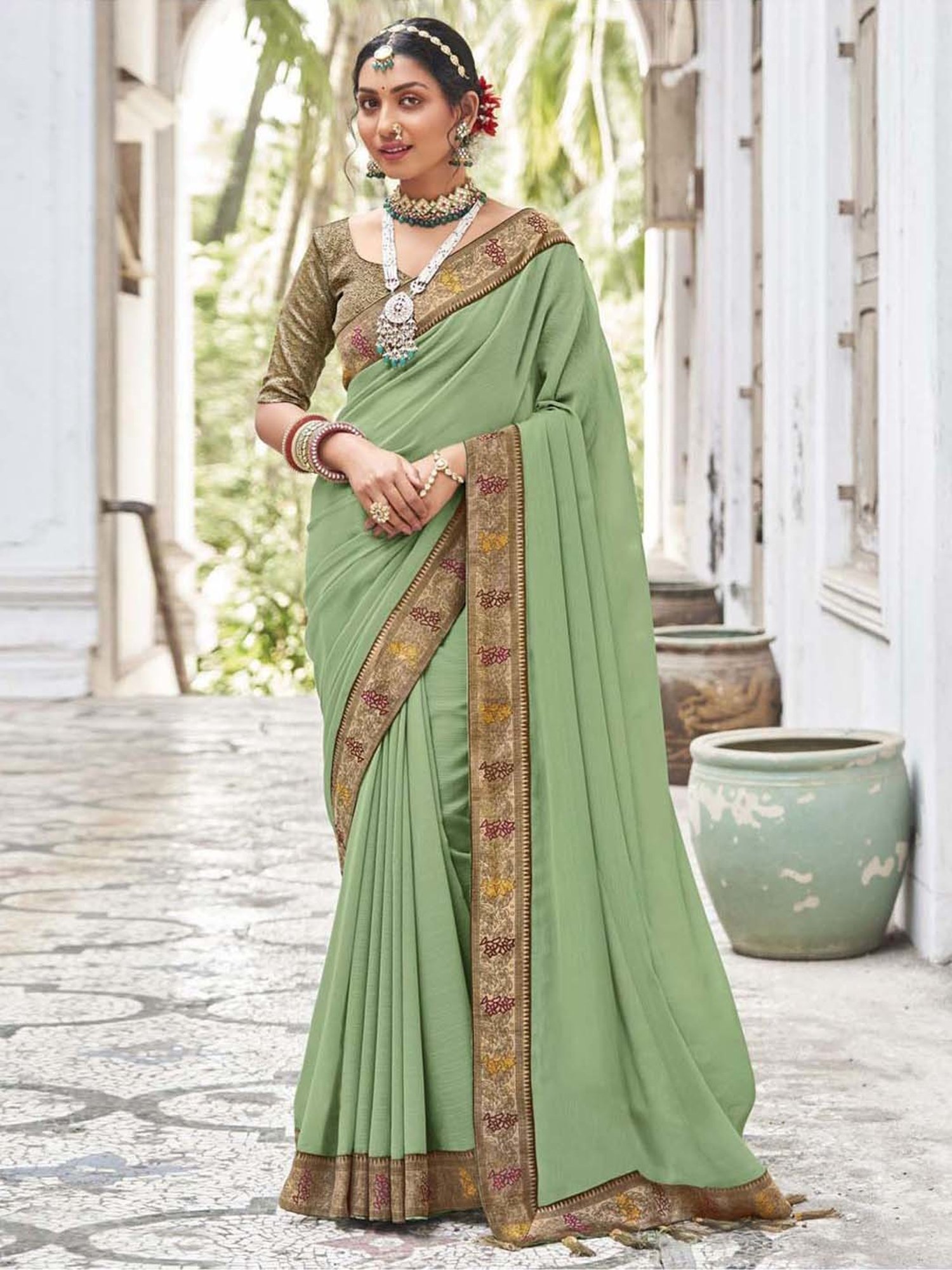 Satrani Pista Green Embroidered Saree With Unstitched Blouse