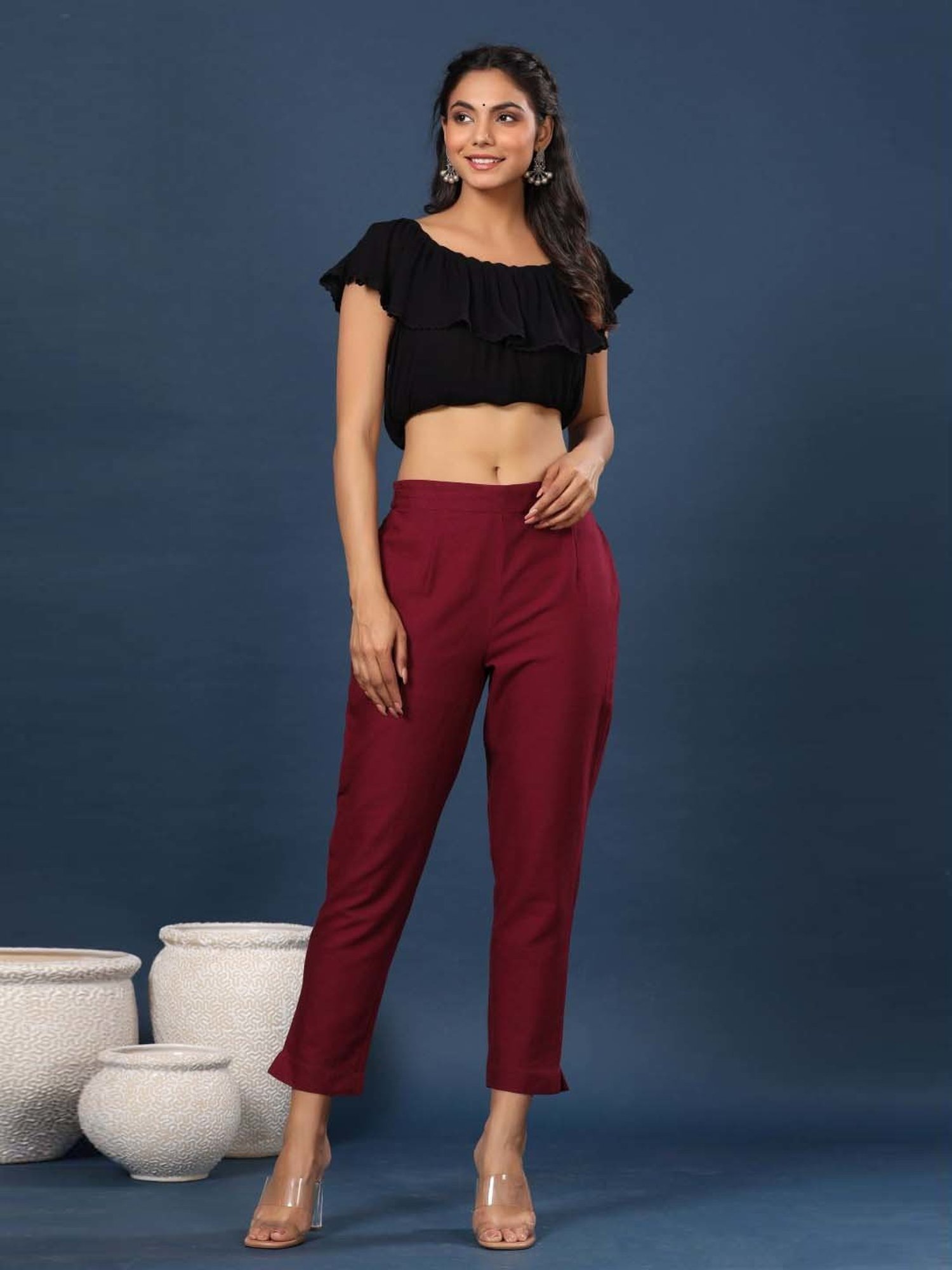 Deep maroon cotton pants by Label Priya Chaudhary | The Secret Label