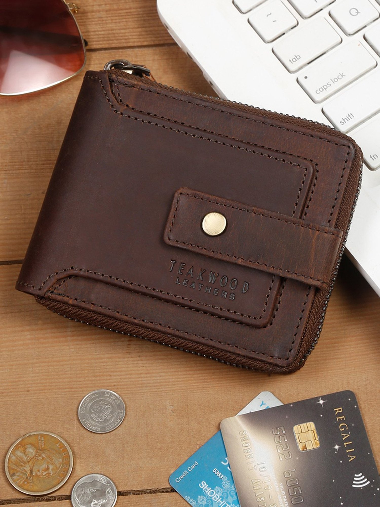 Buy Teakwood Leathers Brown Leather Zip Around Wallet for Men at