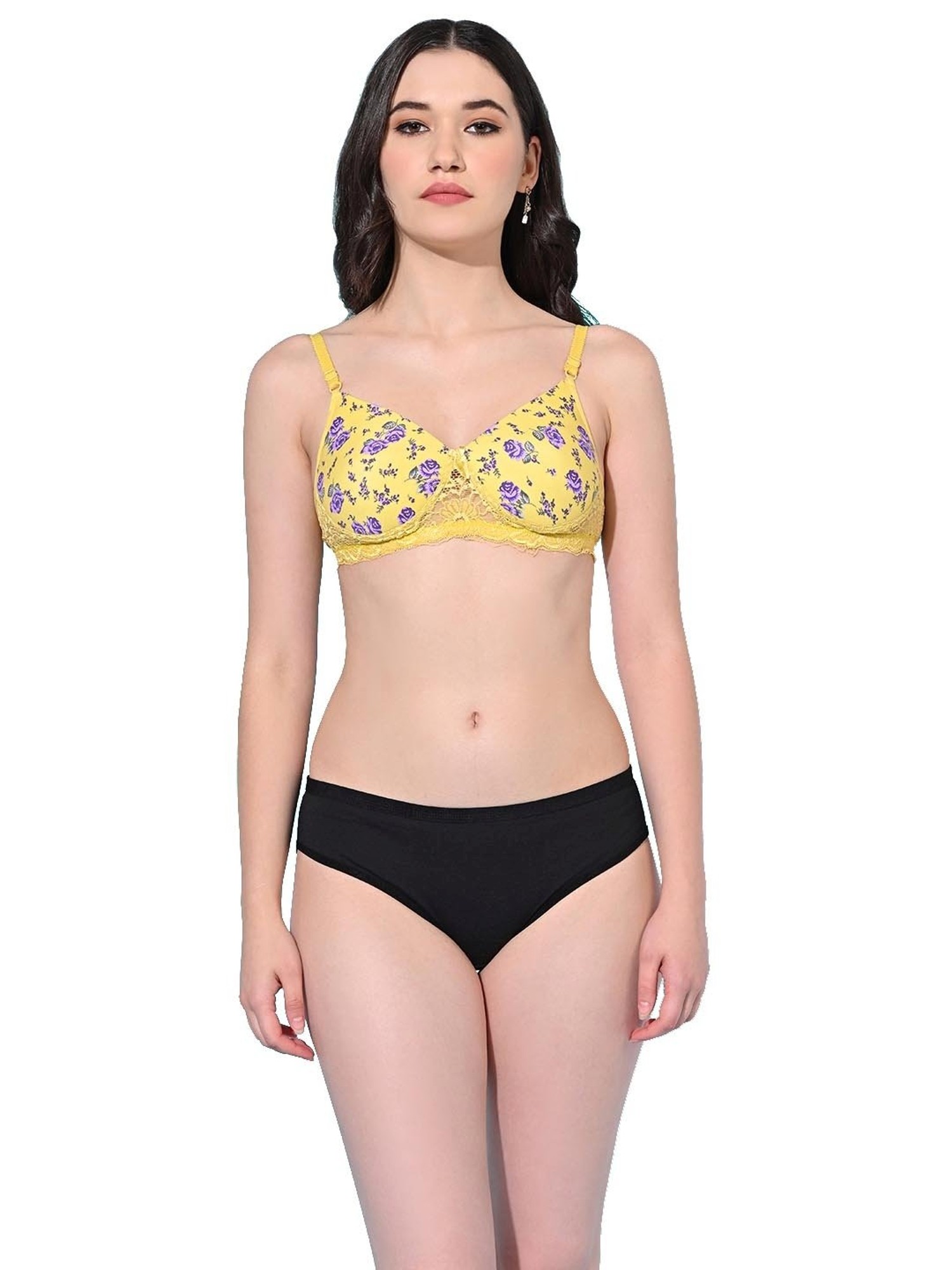 FIMS Yellow & Black Floral Print Bra Panty Set