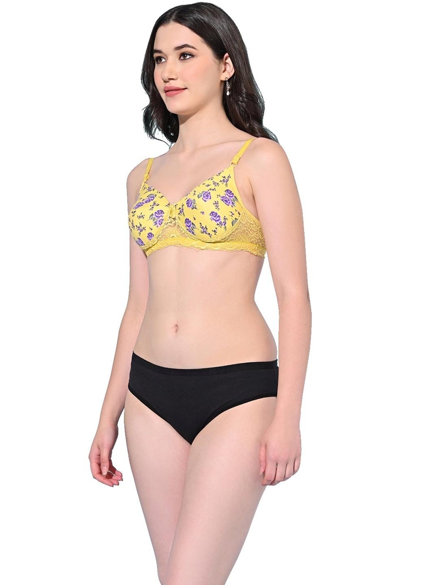 FIMS Yellow & Black Floral Print Bra Panty Set