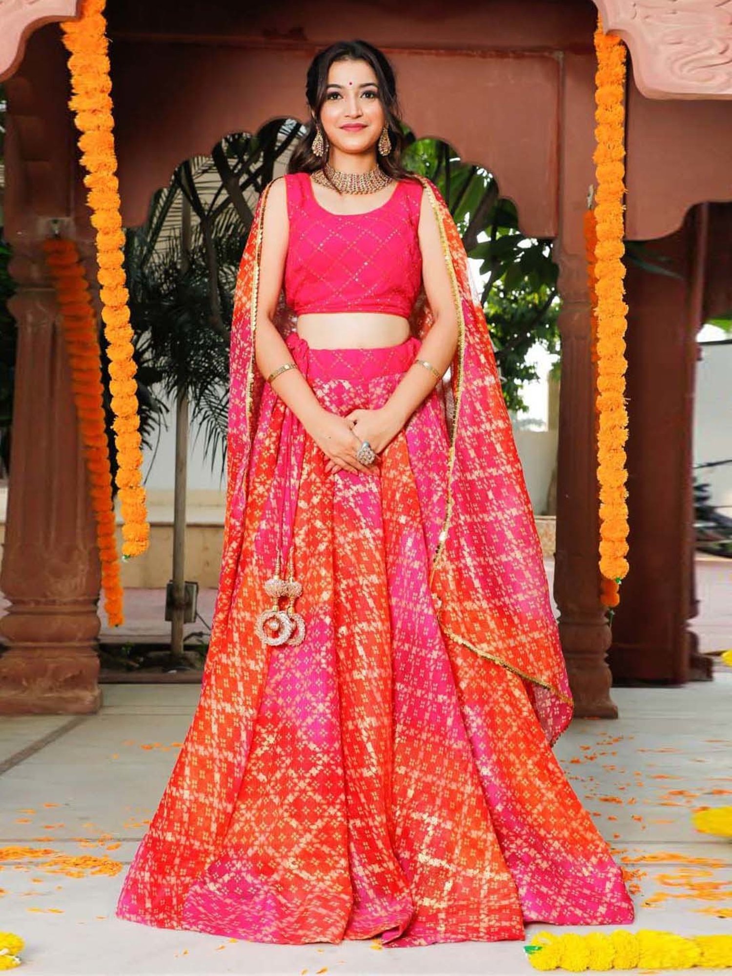 Peach Pink Floral Lehenga Choli With Dupatta – Thread & Button