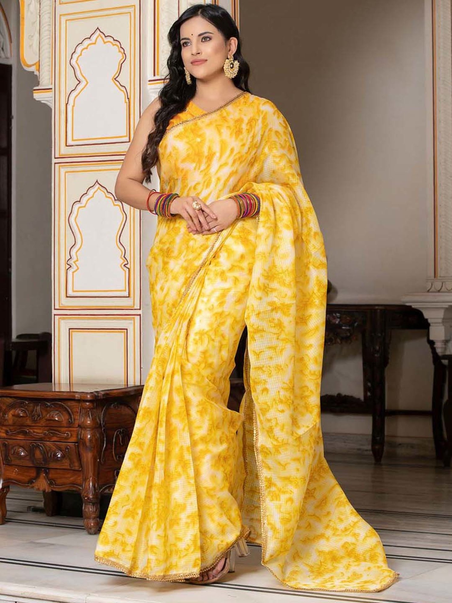 Musturd Yellow Woven Linen Silk Saree – Zari Banaras