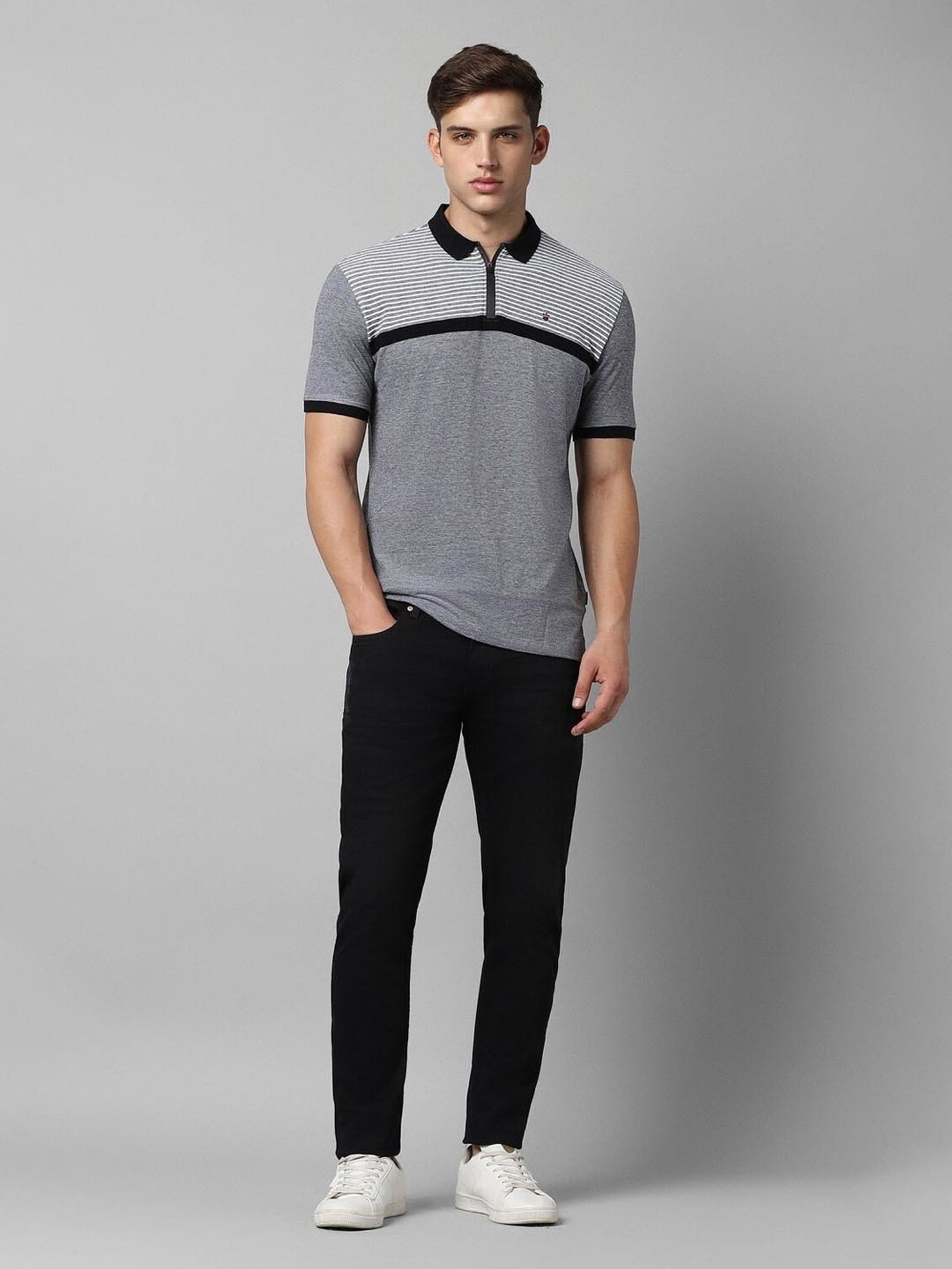 Men's Black Polo, Light Blue Dress Pants, White Leather Low Top Sneakers |  Lookastic