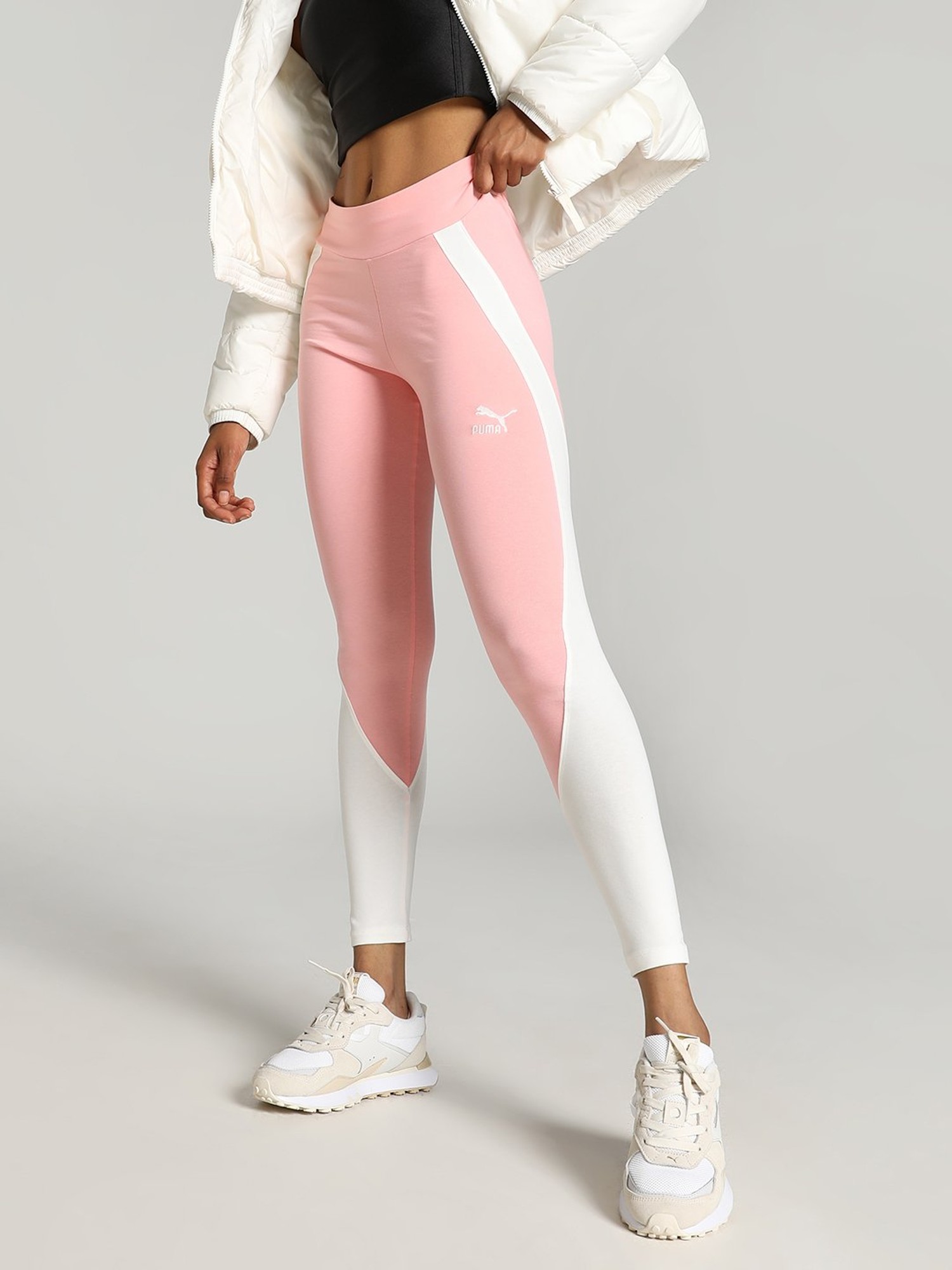 Puma Pink & White Cotton Color-Block Sports Leggings