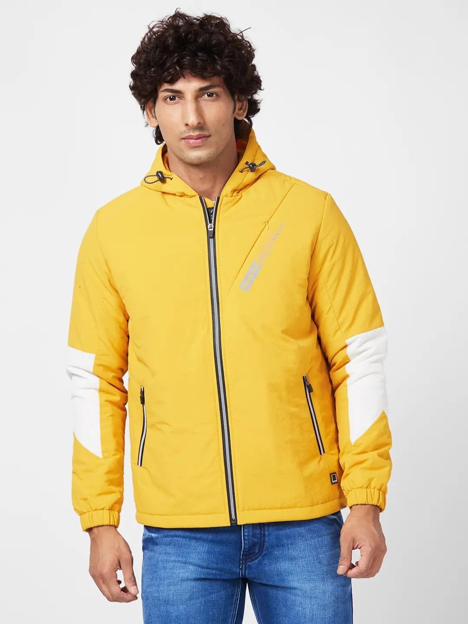 Buy Spykar Amber Yellow Straight Fit Hooded Jacket for Mens Online