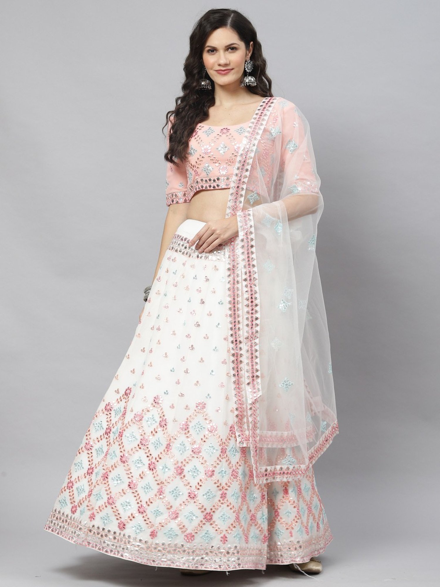 Pastel Pink & White Organza Lehenga – Malar Vikram