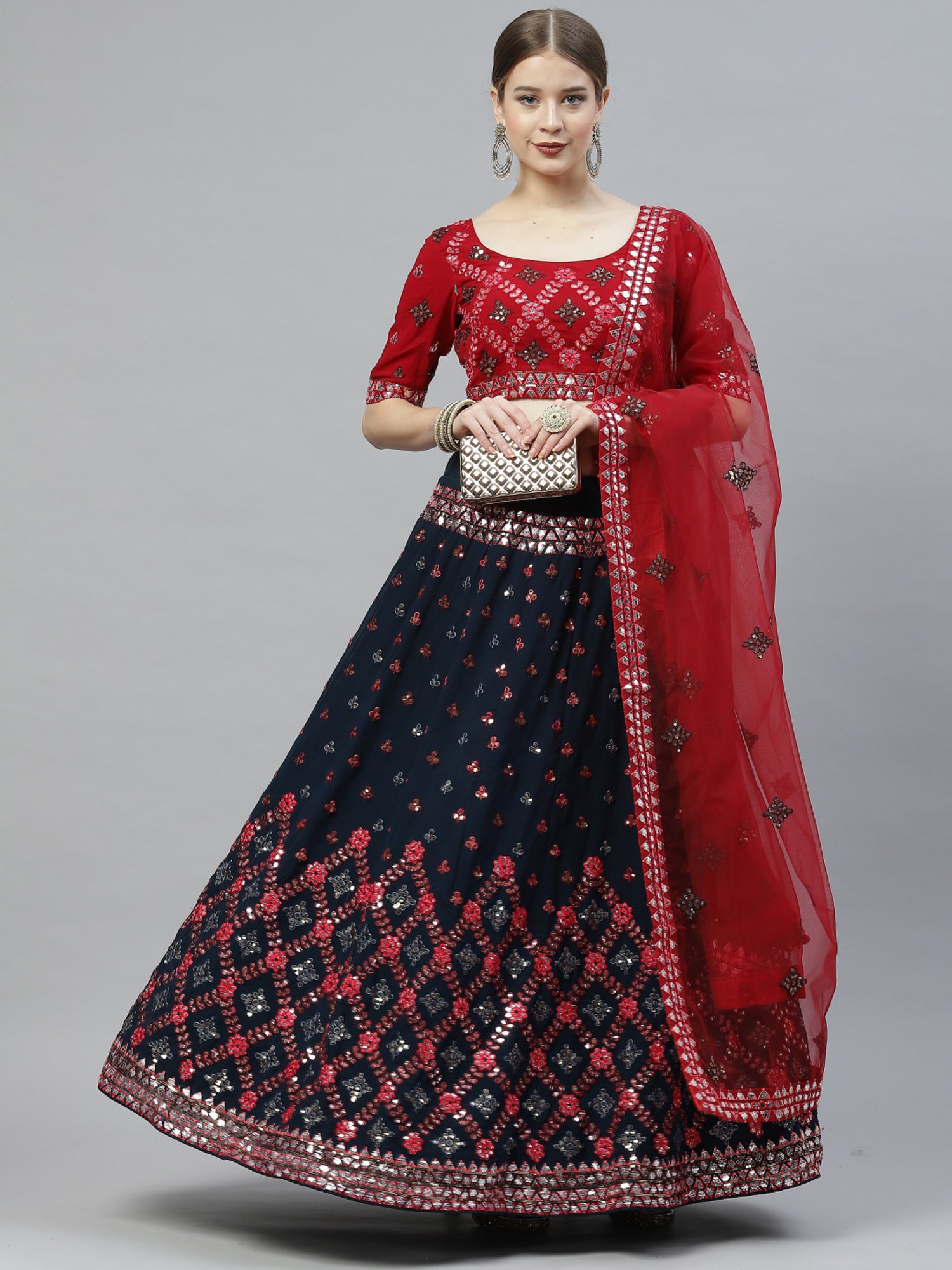 Classy Black & Red Color Floral Work Lehenga Choli With Dupatta