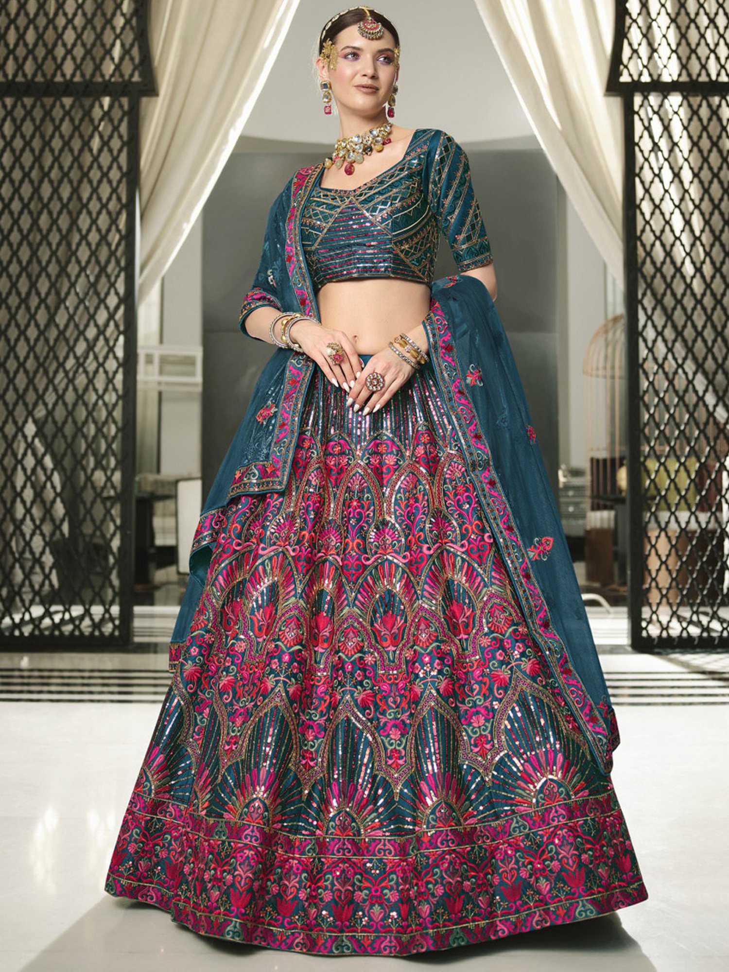 navy blue pink georgette straight embroidered lehenga style suit 15161