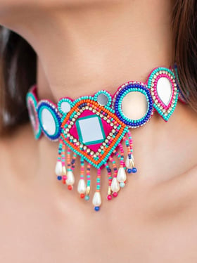 Buy Fida Colorful Mirror Work Beaded Choker Necklace For Women online