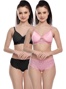 FIMS Pink & Black Lace Work Bra Panty Sets - Pack Of 2