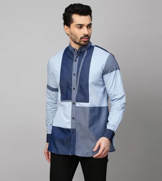 Echke White Shirt with Chinese Collar and Denim Patchwork