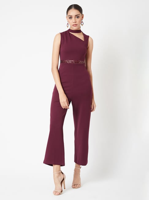 Miss Chase Wine Embellished Jumpsuit