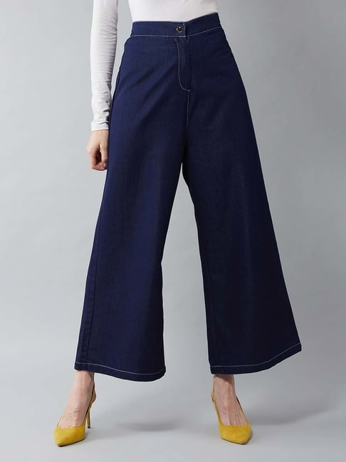 DOLCE CRUDO Women Blue Loose Fit Denim Solid Culottes