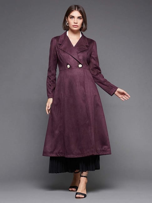Buy Miss Chase Maroon Relaxed Fit Double Breasted Longline Coat