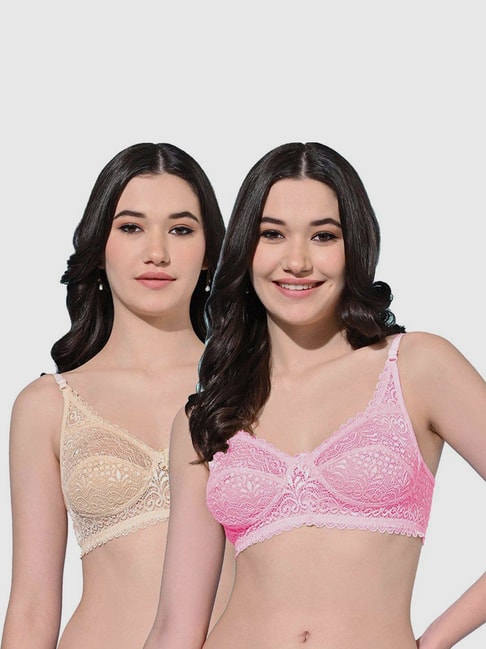 FIMS: Fashion is my Style Beige & Pink Lace Work Bralette Bras - Pack Of 2