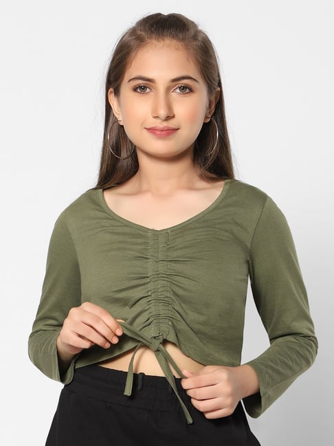 TeenTrums Girls Olive Solid Full Sleeves Crop Top-picture-33