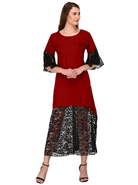 PATRORNA Maroon & Black Lace Midi Dress