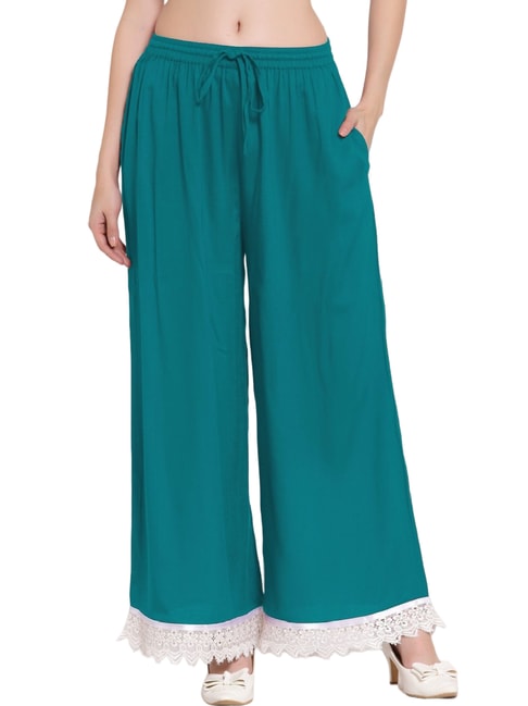 PATRORNA Teal Loose Fit Mid Rise Palazzos