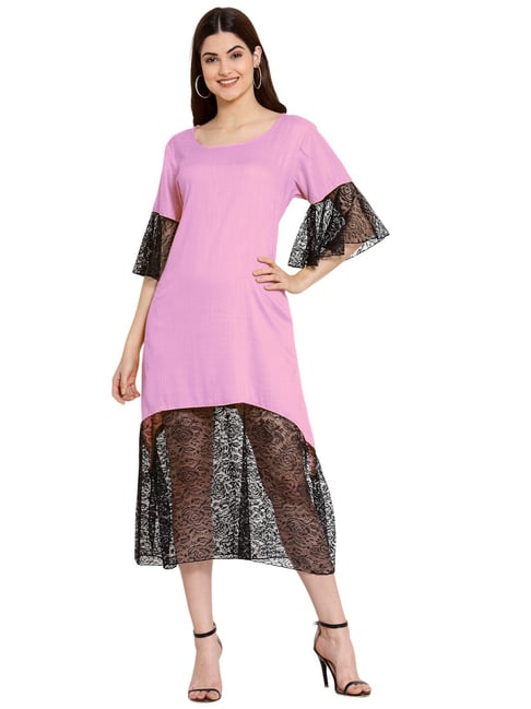 PATRORNA Light Pink & Black Lace Midi Dress