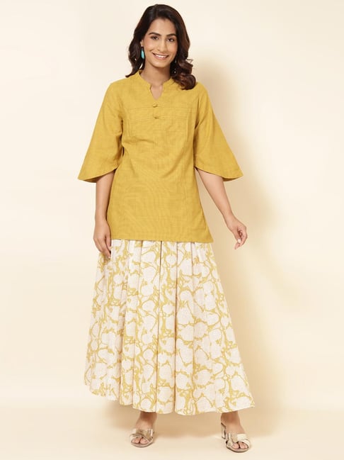 Fabindia Mustard & White Cotton Kurti Skirt Set