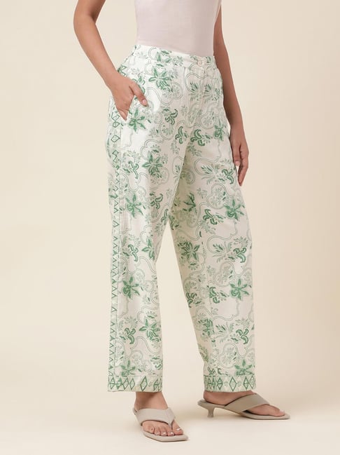 Fabindia White & Green Cotton Printed Pants-picture-34