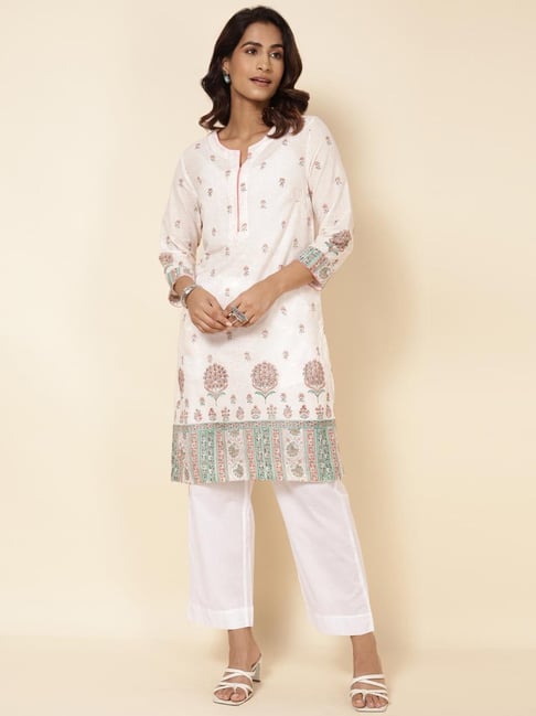 Fabindia White Cotton Floral Print Straight Kurti-picture-31