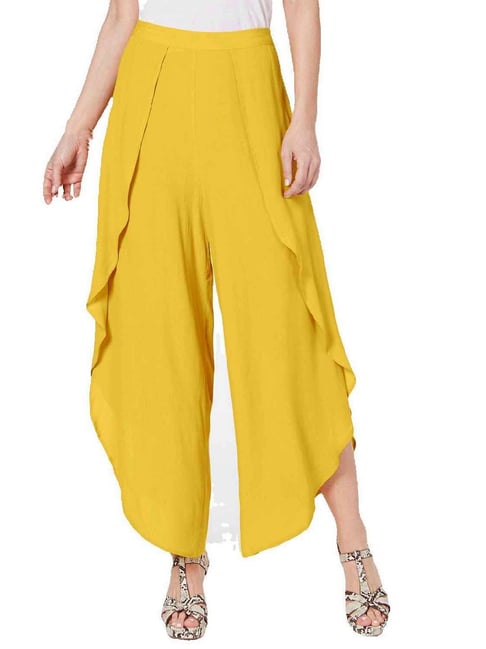 Buy Go Colors Women Light Solid Viscose Knit Mid Rise Palazzos - Mustard  Online