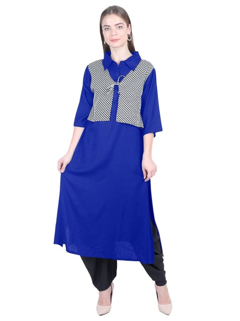 PATRORNA Dark Blue Checks Pathani Kurta