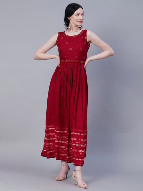 Fashor Red Embroidered Maxi Dress With Waist Belt