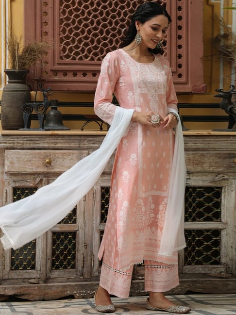 Juniper Peach Cotton Embellished Kurta Palazzo Set With Dupatta