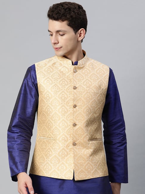 Embroidered Satin Nehru Jacket in Cream : MSA1261