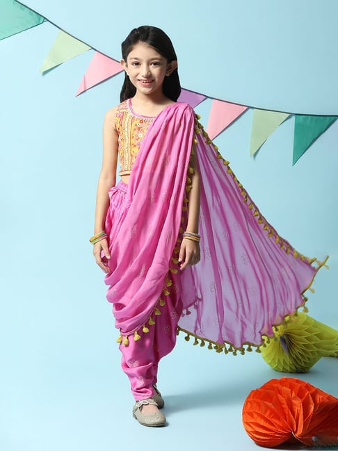 BIBA Girls Yellow & Pink Floral Print Top, Dhoti with Dupatta-picture-43