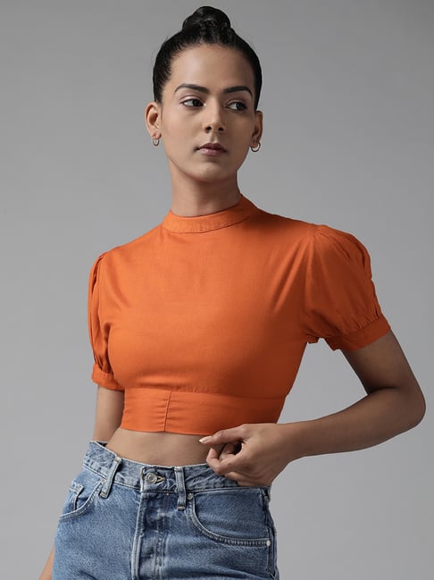 Buy The Dry State Orange High Neck Crop Top for Women Online