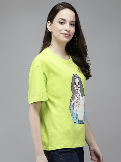 The Dry State Neon Green Cotton Graphic Print T-Shirt