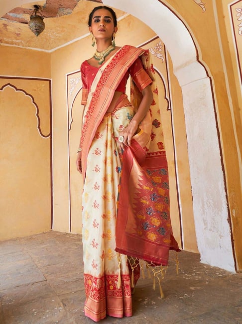 Beige Silk Cotton Saree for Women With Contrast Blouse Piece - Etsy