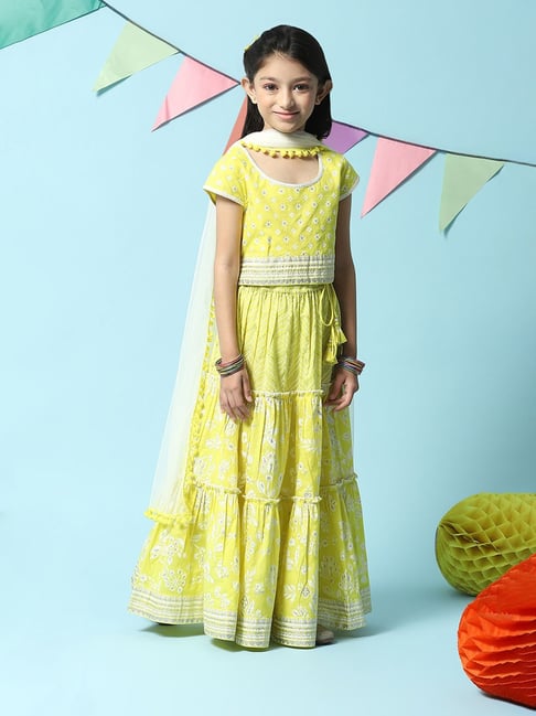 BIBA Girls Lime Yellow Floral Print Top, Lehenga with Dupatta