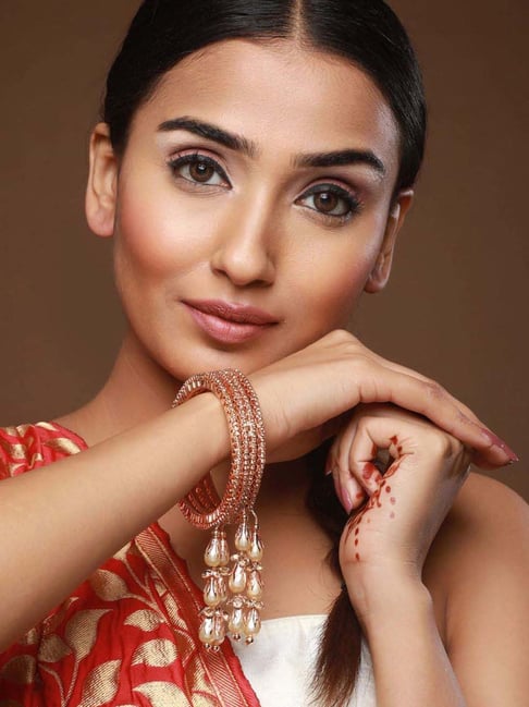 Jazz And Sizzle Rose Gold-Plated & Crystal Studded with Pearl Tassels Bangles for Women - Set of 4-picture-34