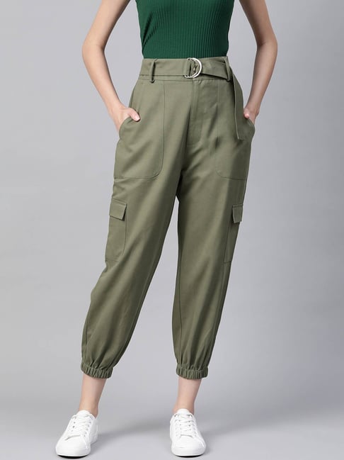 Buy Popnetic Green Regular Fit High Rise Cargo Joggers for Women's