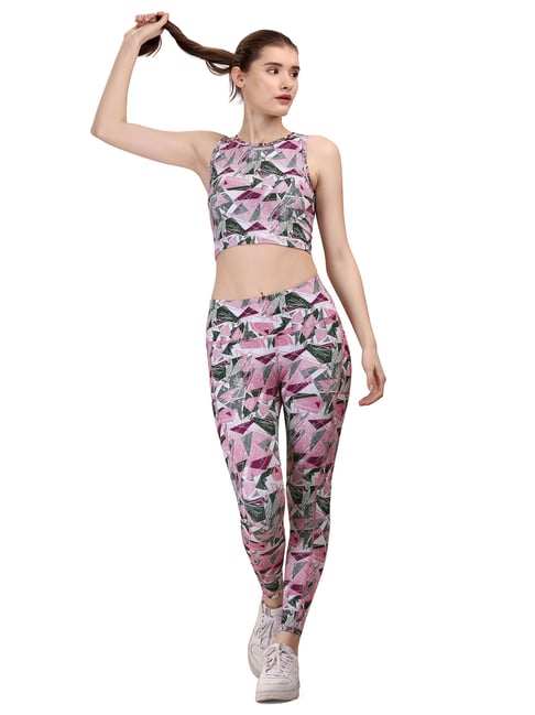 Soie Pink & Green Printed Sports Bra With Tights